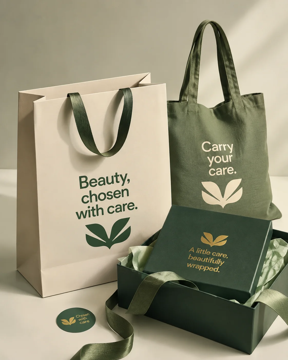 Beauty and Care reusable shopping bags and gift box